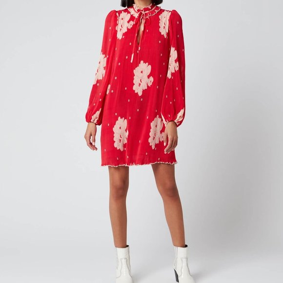 Ganni Floral Pleat Georgette Mini Dress Size 34 - Picture 2 of 6